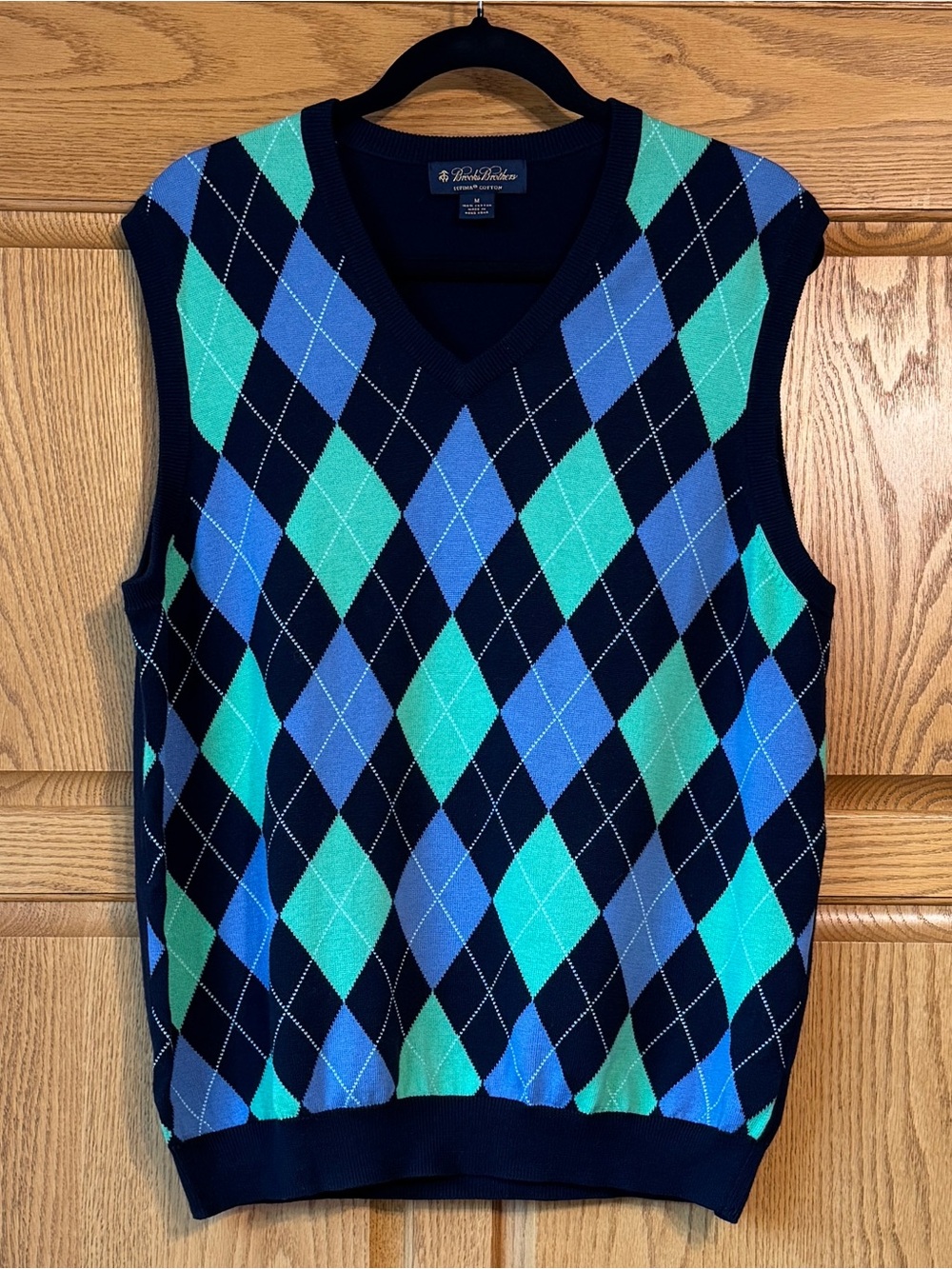 Brooks Brothers Men's Navy Argyle V-Neck Sweater Vest - Blue & Teal M